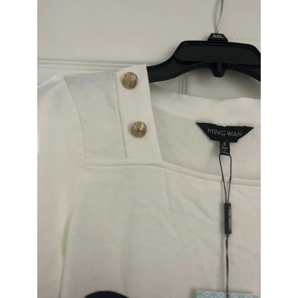 MING WANG Women's White Navy Stripe Square Neck Button Detail Sweater Top Size S